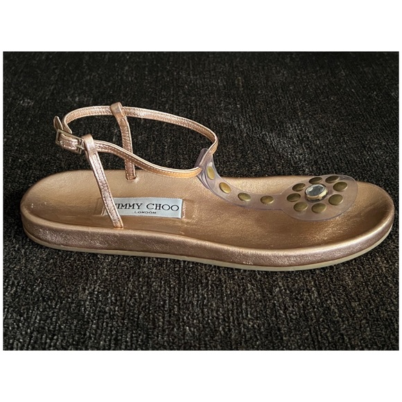 Jimmy Choo  Metallic Rose Gold  Thong Sandals with Rhinestone/Gold Studs Size 7 - Picture 10 of 13